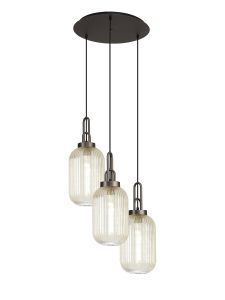 Urasawa 55cm Round 3 Light Pendant With 20cm Tubular Ribbed Glass, Antique Silver/Matt Black Champagne