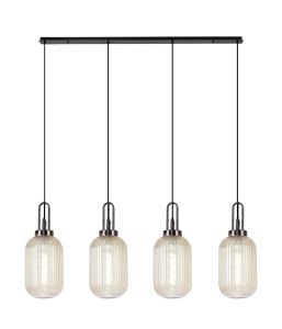 Urasawa Linear 4 Light Pendant With 20cm Tubular Ribbed Glass, Black Chrome/Matt Black Champagne