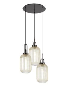Urasawa 55cm Round 3 Light Pendant With 20cm Tubular Ribbed Glass, Black Chrome/Matt Black Champagne