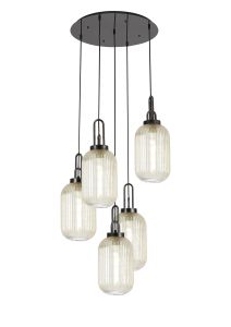 Urasawa 65cm Round 5 Light Pendant With 20cm Tubular Ribbed Glass, Black Chrome/Matt Black Champagne