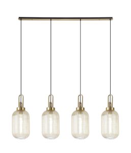 Urasawa Linear 4 Light Pendant With 20cm Tubular Ribbed Glass, Brass Gold/Matt Black Champagne