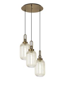 Urasawa 55cm Round 3 Light Pendant With 20cm Tubular Ribbed Glass, Brass Gold/Matt Black Champagne