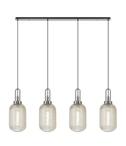 Urasawa Linear 4 Light Pendant With 20cm Tubular Ribbed Glass, Polished Nickel/Matt Black Champagne