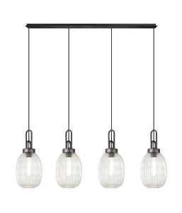 Urasawa Linear 4 Light Pendant With 20cm Almond Ribbed Glass, Aged Pewter/Matt Black Clear