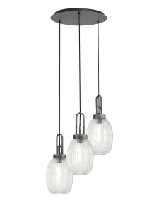 Urasawa 55cm Round 3 Light Pendant With 20cm Almond Ribbed Glass, Aged Pewter/Matt Black Clear