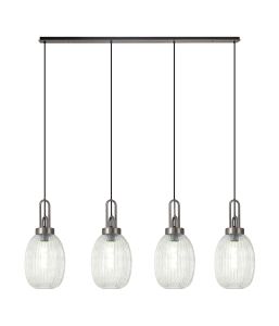 Urasawa Linear 4 Light Pendant With 20cm Almond Ribbed Glass, Antique Silver/Matt Black Clear