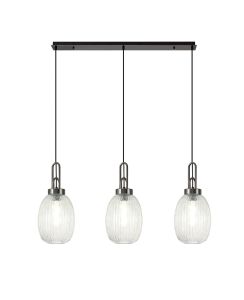 Urasawa Linear 3 Light Pendant With 20cm Almond Ribbed Glass, Black Chrome/Matt Black Clear