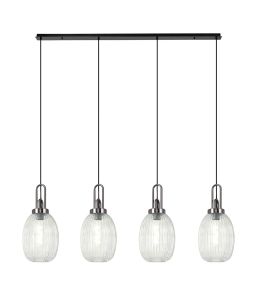 Urasawa Linear 4 Light Pendant With 20cm Almond Ribbed Glass, Black Chrome/Matt Black Clear