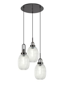 Urasawa 55cm Round 3 Light Pendant With 20cm Almond Ribbed Glass, Black Chrome/Matt Black Clear