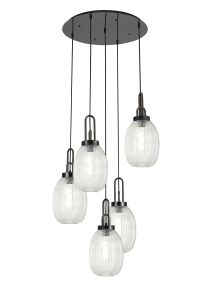 Urasawa 65cm Round 5 Light Pendant With 20cm Almond Ribbed Glass, Black Chrome/Matt Black Clear