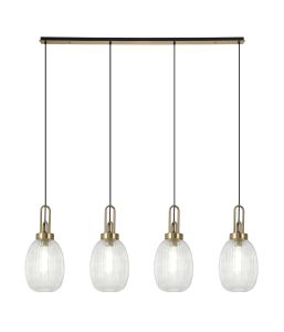 Urasawa Linear 4 Light Pendant With 20cm Almond Ribbed Glass, Brass Gold/Matt Black Clear