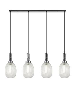 Urasawa Linear 4 Light Pendant With 20cm Almond Ribbed Glass, Polished Nickel/Matt Black Clear