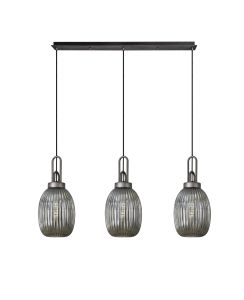 Urasawa Linear 3 Light Pendant With 20cm Almond Ribbed Glass, Aged Pewter/Matt Black Smoked