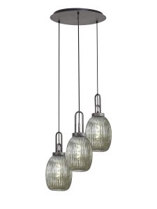 Urasawa 55cm Round 3 Light Pendant With 20cm Almond Ribbed Glass, Aged Pewter/Matt Black Smoked