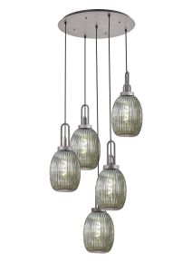 Urasawa 65cm Round 5 Light Pendant With 20cm Almond Ribbed Glass, Aged Pewter/Matt Black Smoked