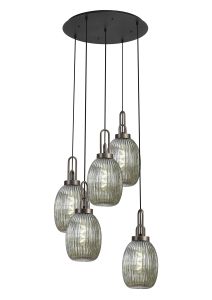 Urasawa 65cm Round 5 Light Pendant With 20cm Almond Ribbed Glass, Antique Silver/Matt Black Smoked