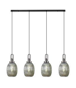 Urasawa Linear 4 Light Pendant With 20cm Almond Ribbed Glass, Black Chrome/Matt Black Smoked