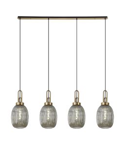 Urasawa Linear 4 Light Pendant With 20cm Almond Ribbed Glass, Brass Gold/Matt Black Smoked