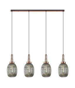 Urasawa Linear 4 Light Pendant With 20cm Almond Ribbed Glass, Copper/Matt Black Smoked