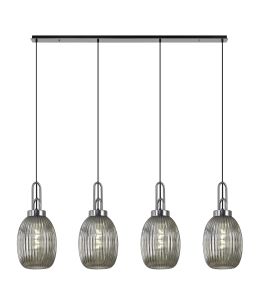 Urasawa Linear 4 Light Pendant With 20cm Almond Ribbed Glass, Polished Nickel/Matt Black Smoked