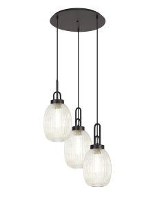 Urasawa 55cm Round 3 Light Pendant With 20cm Almond Ribbed Glass, Matt Black/Matt Black Champagne