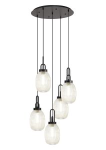 Urasawa 65cm Round 5 Light Pendant With 20cm Almond Ribbed Glass, Matt Black/Matt Black Champagne