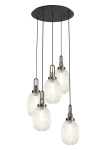 Urasawa 65cm Round 5 Light Pendant With 20cm Almond Ribbed Glass, Antique Silver/Matt Black Champagne