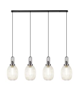 Urasawa Linear 4 Light Pendant With 20cm Almond Ribbed Glass, Black Chrome/Matt Black Champagne