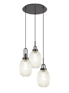 Urasawa 55cm Round 3 Light Pendant With 20cm Almond Ribbed Glass, Black Chrome/Matt Black Champagne
