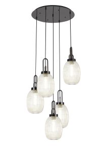 Urasawa Round 5 Light Pendant With 20cm Almond Ribbed Glass, Black Chrome/Matt Black Champagne