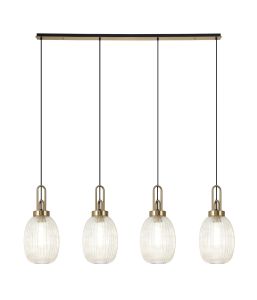 Urasawa Linear 4 Light Pendant With 20cm Almond Ribbed Glass, Brass Gold/Matt Black Champagne