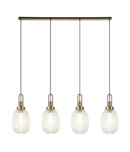 Urasawa Linear 4 Light Pendant With 20cm Almond Ribbed Glass, Brass Gold/Matt Black Champagne