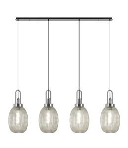 Urasawa Linear 4 Light Pendant With 20cm Almond Ribbed Glass, Polished Nickel/Matt Black Champagne