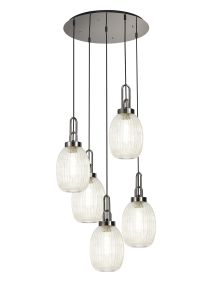 Urasawa Round 5 Light Pendant With 20cm Almond Ribbed Glass, Polished Nickel/Matt Black Champagne