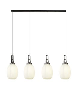 Urasawa Linear 4 Light Pendant With 20cm Almond Ribbed Glass, Aged Pewter/Matt Black Opal