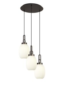 Urasawa 55cm Round 3 Light Pendant With 20cm Almond Ribbed Glass, Antique Silver/Matt Black Opal