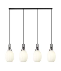 Urasawa Linear 4 Light Pendant With 20cm Almond Ribbed Glass, Black Chrome/Matt Black Opal