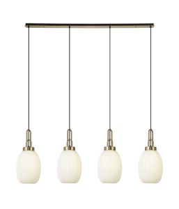 Urasawa Linear 4 Light Pendant With 20cm Almond Ribbed Glass, Brass Gold/Matt Black Opal