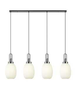 Urasawa Linear 4 Light Pendant With 20cm Almond Ribbed Glass, Polished Nickel/Matt Black Opal