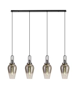 Urasawa Linear 4 Light Pendant E27 With 23cm Pear Glass, Smoked/Clear Black Chrome/Matt Black