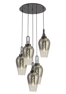 Urasawa Round 5 Light Pendant With 23cm Pear Glass, Black Chrome/Matt Black Smoked/Clear