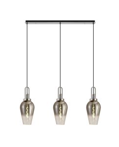 Urasawa Linear 3 Light Pendant E27 With 23cm Pear Glass, Smoked/Clear Polished Nickel/Matt Black