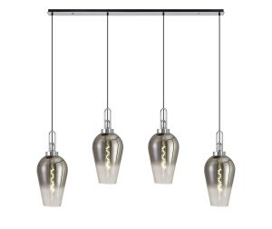 Urasawa Linear 4 Light Pendant E27 With 23cm Pear Glass, Smoked/Clear Polished Nickel/Matt Black