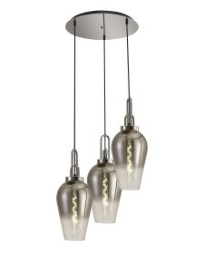 Urasawa 68cm Round 3 Light Pendant With 23cm Pear Glass, Polished Nickel/Matt Black Smoked/Clear
