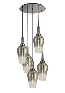 Urasawa 78cm Round 5 Light Pendant With 23cm Pear Glass, Polished Nickel/Matt Black Smoked/Clear