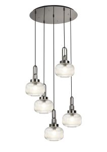 Urasawa 55cm 2.5m Round Pendant, 5 x E27, Polished Nickel/Matt Black With 20cm Pumpkin Shaped Ribbed Clear Glass