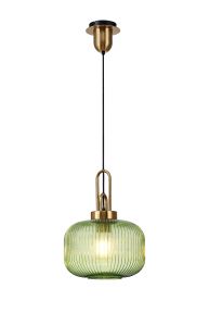 Urasawa 1 Light E27 Pendant With 30cm Pumpkin Ribbed Glass, Brass Gold / Green / Matt Black