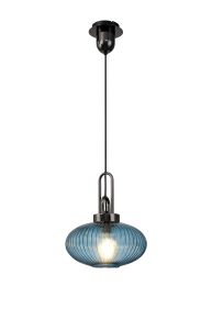 Urasawa 1 Light E27 Pendant With 30cm Oval Sphere Ribbed Glass, Black Chrome / Petrol Blue / Matt Black