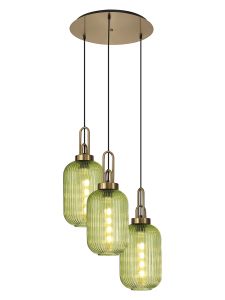 Urasawa 55cm 2m Round Pendant 3 Light E27 With 20cm Tubular Ribbed Glass, Brass Gold / Green / Matt Black