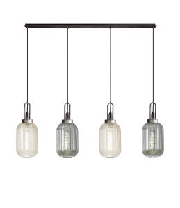 Urasawa Linear Pendant 4 Light E27 With 20cm Tubular Ribbed Glass, Aged Pewter / Champagne / Smoked / Matt Black